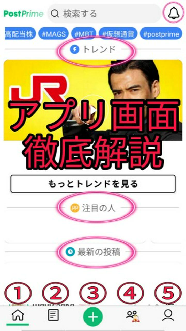 【はじめましてポストプライム②】😊
　ポストプライムを始めたばかりの方向け投稿、第２回です。
　今回は、画面下部の①～⑤についての解説です。